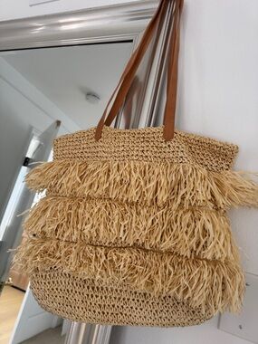 Fringed Raffia Shoulder Tote in Natural Tan